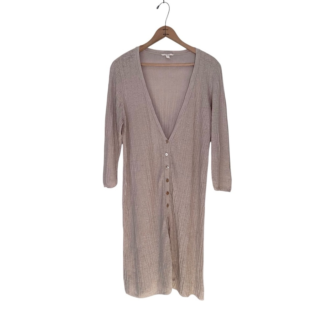 Eileen Fisher Beige V-Neck Ribbed Button Down Cotton Duster Cardigan Size XL